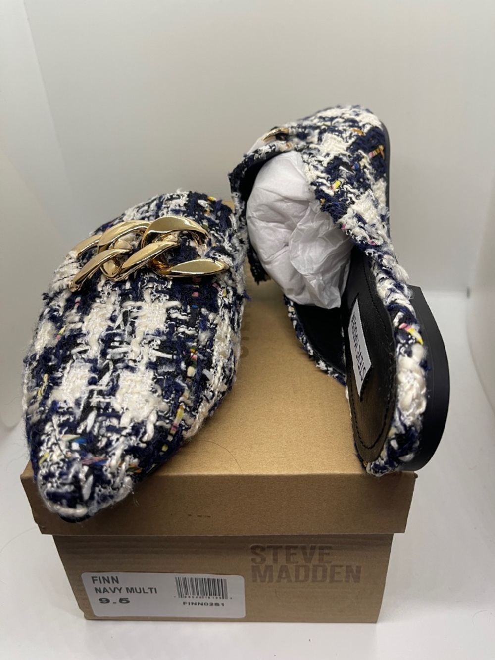 Steve Madden Navy Black Multi Tweed Chain-Trim Loafers size 9.5 New In Box